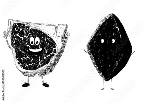 A cartoon character representing keto diet food is depicted as a funny mascot for a butchery or meat market, symbolizing healthy nutrition with a modern and cute persona, emphasizing natural food and