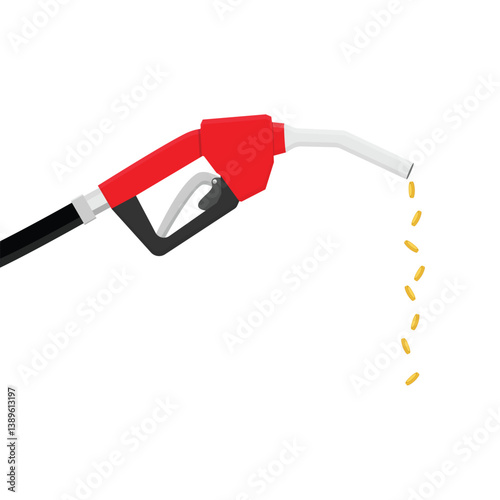 Gasoline pistol pump fuel nozzle gasoline with falling coins isolated on white background