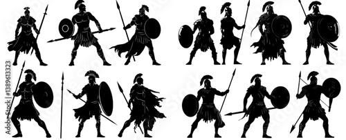 A collection of silhouettes depicting ancient Greek hoplites, either Spartan or Trojan, is also reminiscent of Roman gladiators
