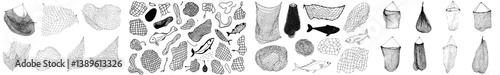 Equipment for modern fishery and fishing sports includes fishing nets, traps, trawls, fish tanks, and seines, as well as fisherman's rope mesh fishnets and sea water fish traps