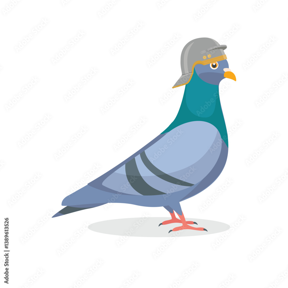 Obraz premium Funny pigeon character with medieval helmet. Message delivery during wartime concept