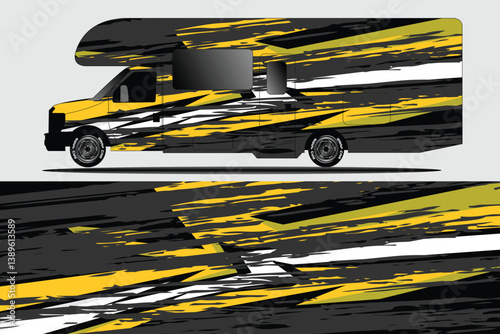 Colorful abstract design on a camper van showcasing dynamic lines and shapes against a gray background