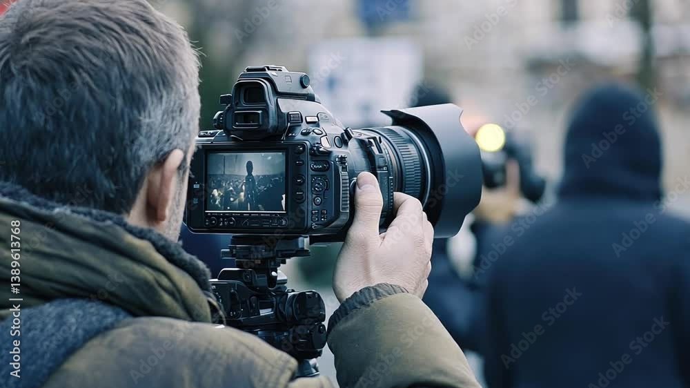 Capturing Moments: Passionate Photographer Using Camera to Document Life in Urban Environment, Blurred Background of People on Street Capturing Moments: Passionate Photographer Using Camera to Document Life in Urban Environment, Blurred Background of People on Street