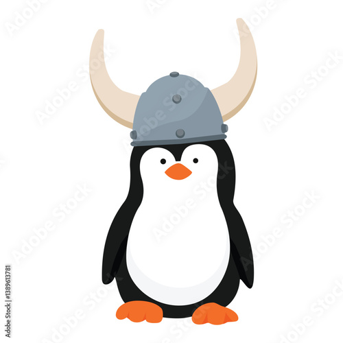 Vector icon little penguin. Penguin cartoon character in viking helment photo