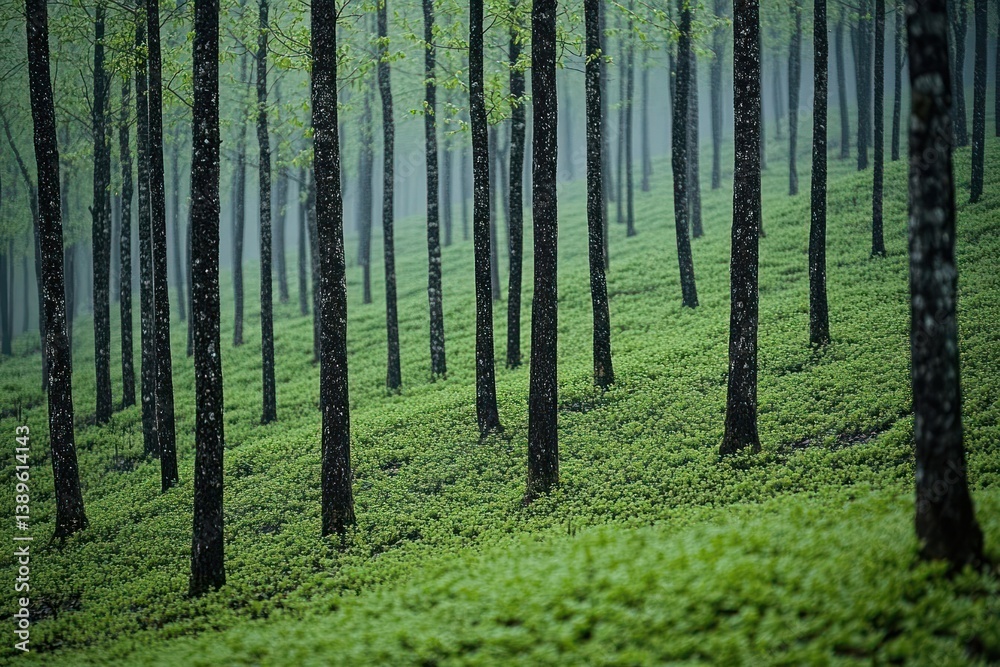 Fototapeta premium Misty forest with evenly spaced trees and a carpet of fresh green undergrowth