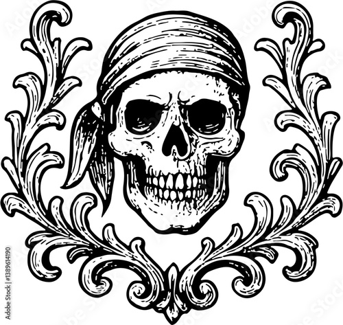 Nautical ornament a pirate skul in sketch style. Vintage illustration