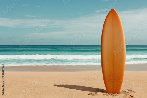Bright orange surfboard stands against serene beach and gentle w