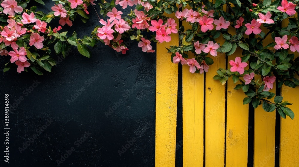 Fototapeta premium Pink Flowers Hanging Over Yellow Wood