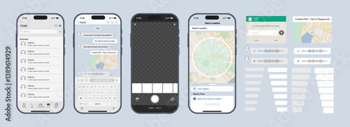 Social Messenger App UI Mockup on Smartphone – Modern Chat Interface Template with GPS Location, Dialogue Bubbles, Content Sharing, and Photo Capture