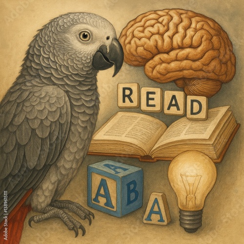 Educational Illustration Featuring a Parrot, Brain, Book, and Light Bulb in a...