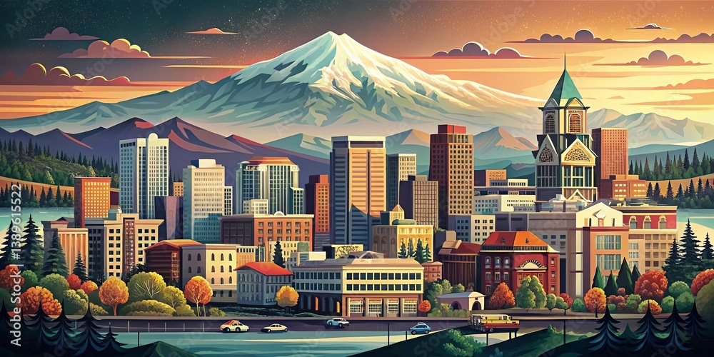 Vintage Portland Oregon & Mt Hood Hand Drawn Illustration - Scenic Cityscape