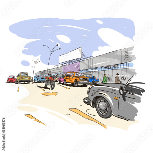 Shopping mall sketch. Hand drawn vector art illustration