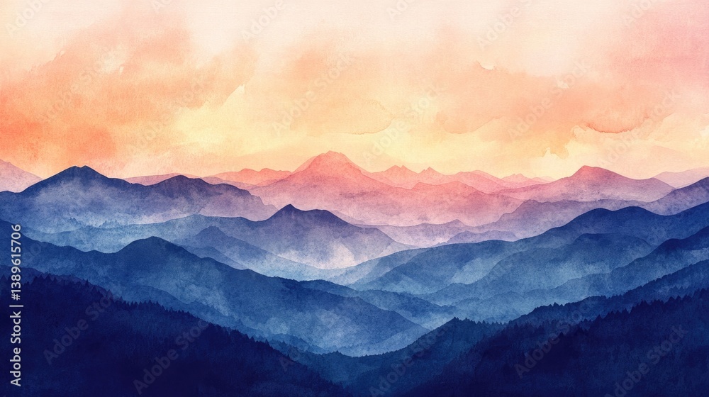 Fototapeta premium Watercolor landscape of mountains against a sunset sky