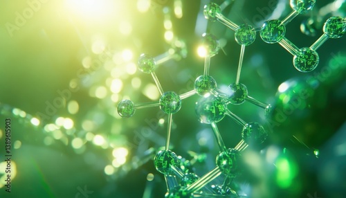 Green Molecular Structure Visualization with Bokeh Lights Representing Scientific Research and Technological Innovation in a Medical and Pharmaceutical Context