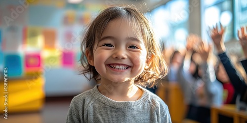 elementary school student laughing happily, blurred classroom with colorful posters and classmates raising hands