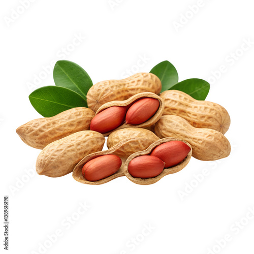 Rustic arrangement of peanuts in natural shells with green leaves on transparent background