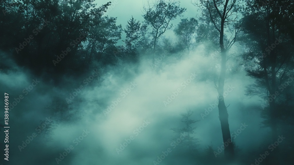 Misty Forest Enchantment: Ethereal Teal Trees and Fog Misty Forest Enchantment: Ethereal Teal Trees and Fog
