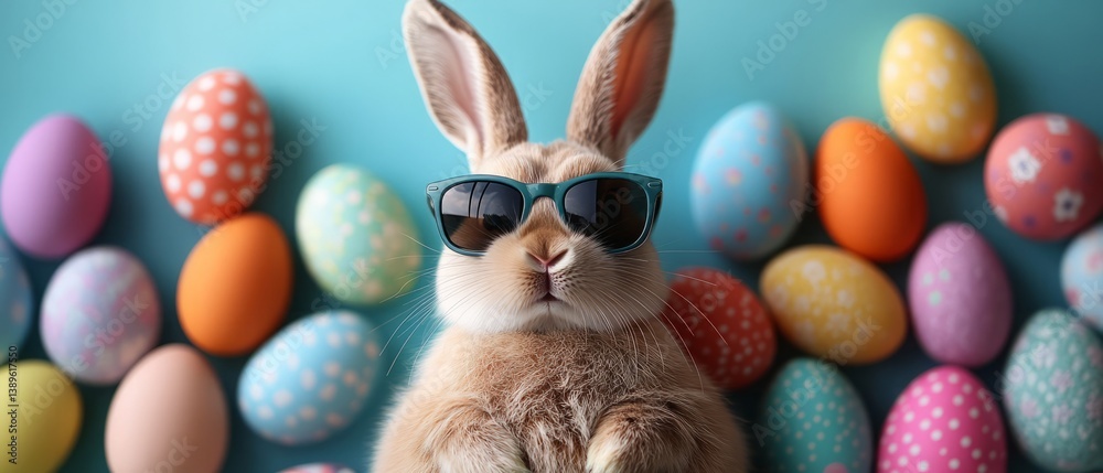Cool Easter Bunny with Sunglasses and Colorful Easter Eggs