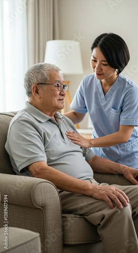 Caring nurse assisting elderly man at home for senior support and comfort