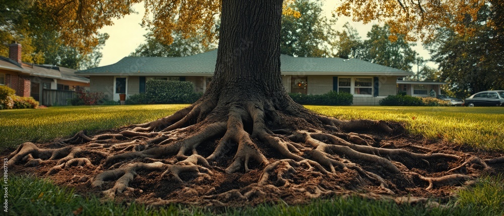 Exposed Tree Roots and Damaged Ground in a Suburban Yard