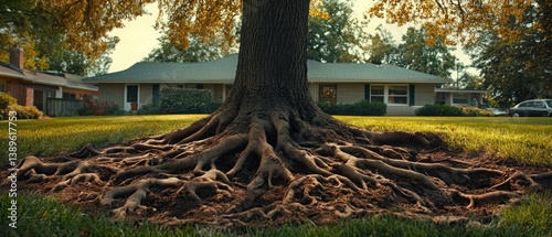 Obraz na płótnie Exposed Tree Roots and Damaged Ground in a Suburban Yard w salonie