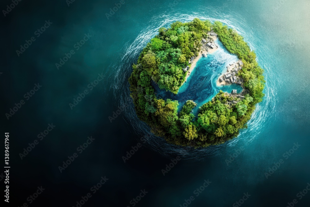 Fototapeta premium Miniature Earth Globe with Lush Green Forest and Azure Waters Overhead Aerial View Environment Concept and Environmental Awareness with Vivid Lighting Style