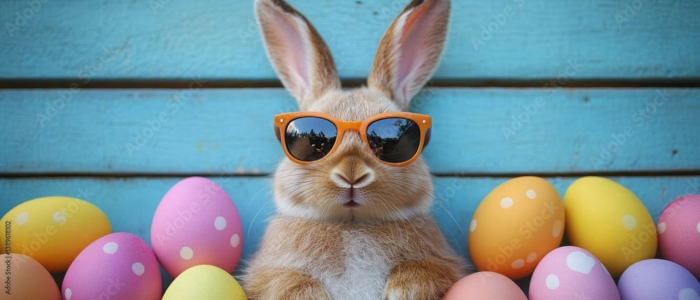 Cool Easter Bunny with Sunglasses and Colorful Easter Eggs