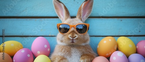 Obraz na płótnie Cool Easter Bunny with Sunglasses and Colorful Easter Eggs w salonie