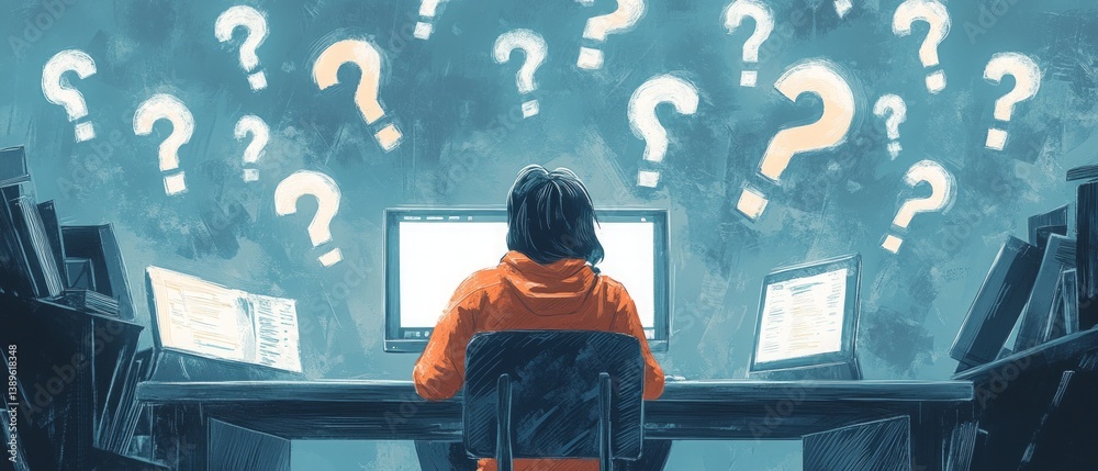 Person Sitting at Computer Surrounded by Floating Question Marks Representing Online FAQs
