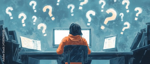 Obraz na płótnie Person Sitting at Computer Surrounded by Floating Question Marks Representing Online FAQs w salonie