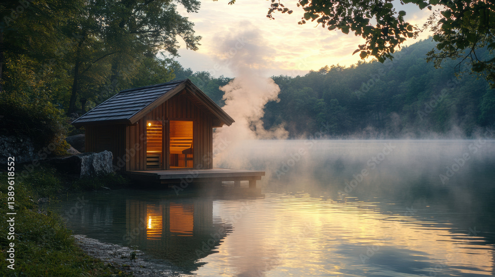Fototapeta premium Cozy wooden sauna cabin with warm light glows by serene lake surrounded by lush green trees, with mist rising from water