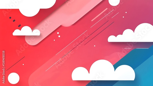 Abstract red, pink, and blue gradient background with clouds and lines.
