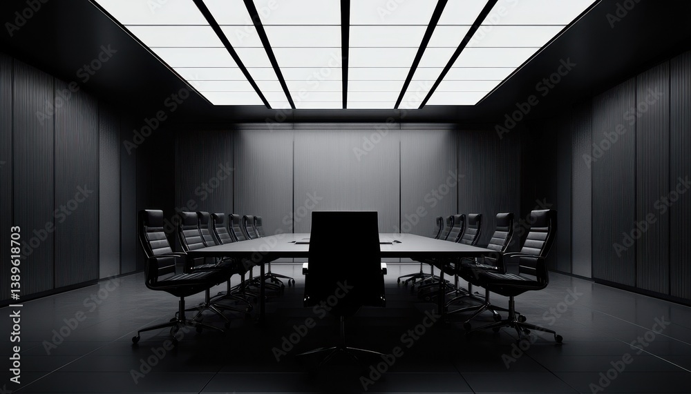 Fototapeta premium Monochrome Boardroom Interior with Long Table and Executive Chairs Under Bright Overhead Lighting Creates a Sense of Corporate Meeting and Professional Space
