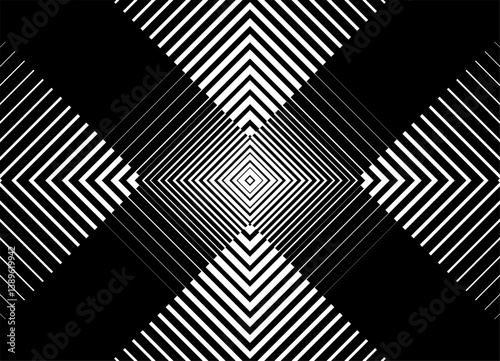 Modern striped vector pattern of rectangular geometric shapes in hi-tech style. Processor, Reflen glass blocks. Tiles. Trendy technological black and white background from lines. X letter