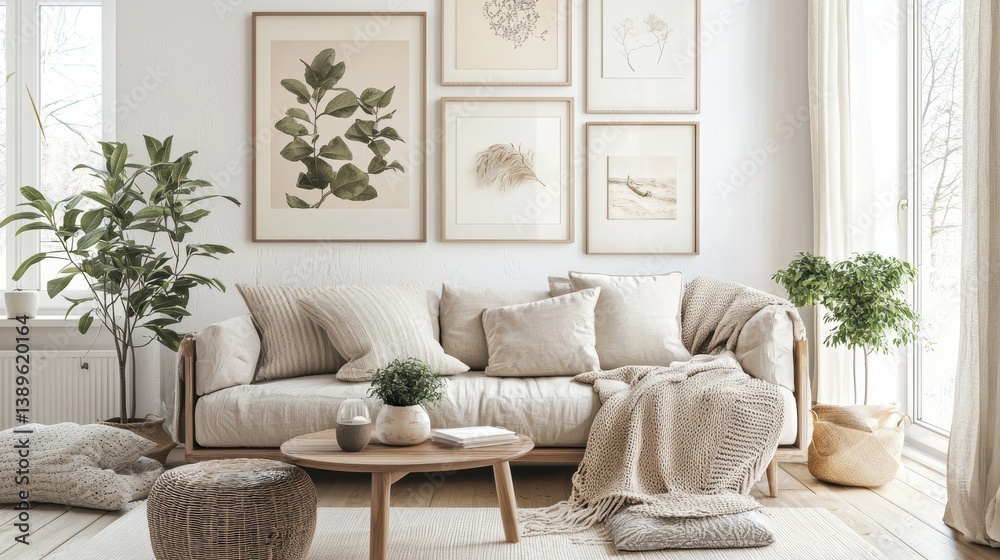 Fototapeta premium Elegant apartment interior with natural light and plants home decor creating a serene and inviting home atmosphere with wall art