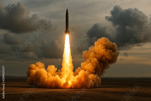 Rocket Launch Emits Bright Flames Against a Cloudy Sky During Evening Hours
