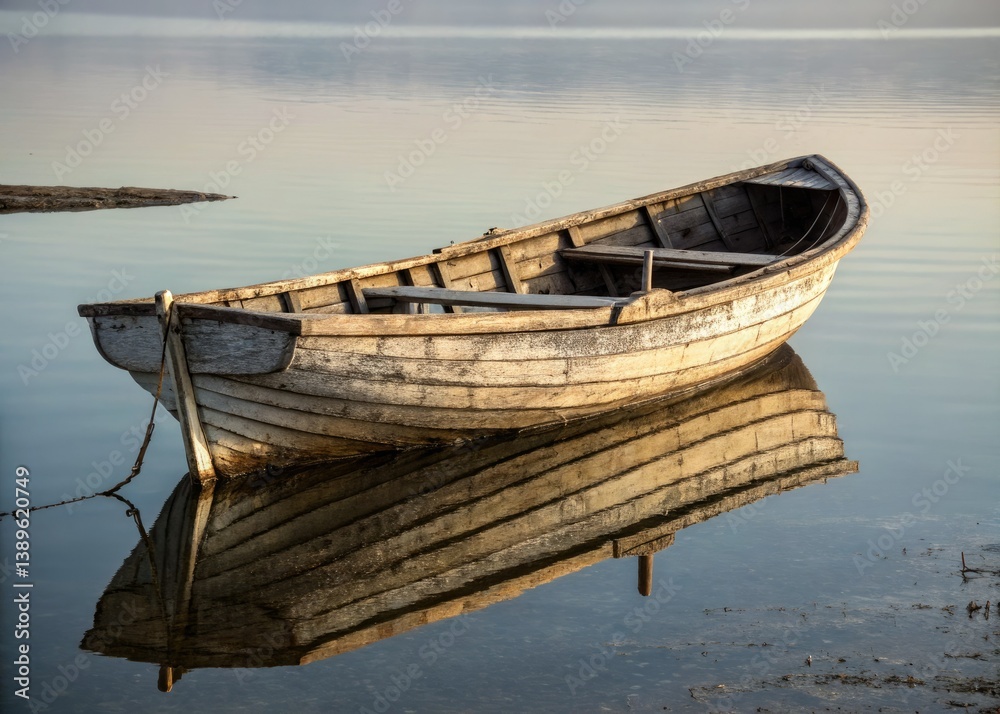 Tranquil scene: a weathered rowboat rests serenely on glass-like water, a stunning photographic capture. Tranquil scene: a weathered rowboat rests serenely on glass-like water, a stunning photographic capture.