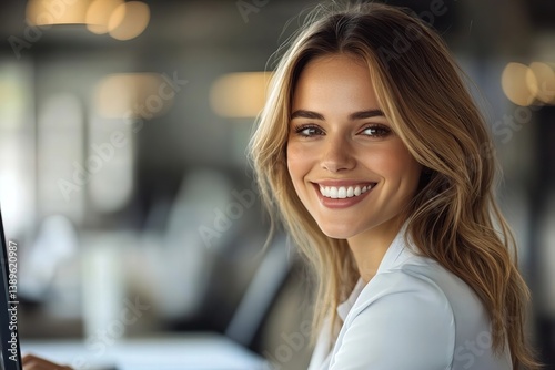 Wallpaper Mural Portrait of a female accountant working diligently on her computer with a smile in a contemporary office. Torontodigital.ca