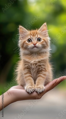 Adorable orange tabby kitten with large eyes and small paws receives loving attention from a hand, capturing a heartwarming moment