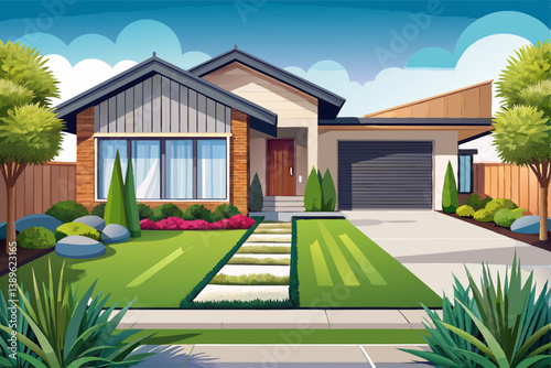 vector of The front yard of the modern Australian house or residential buildings has artificial grass with artificial grass with wooden edging.