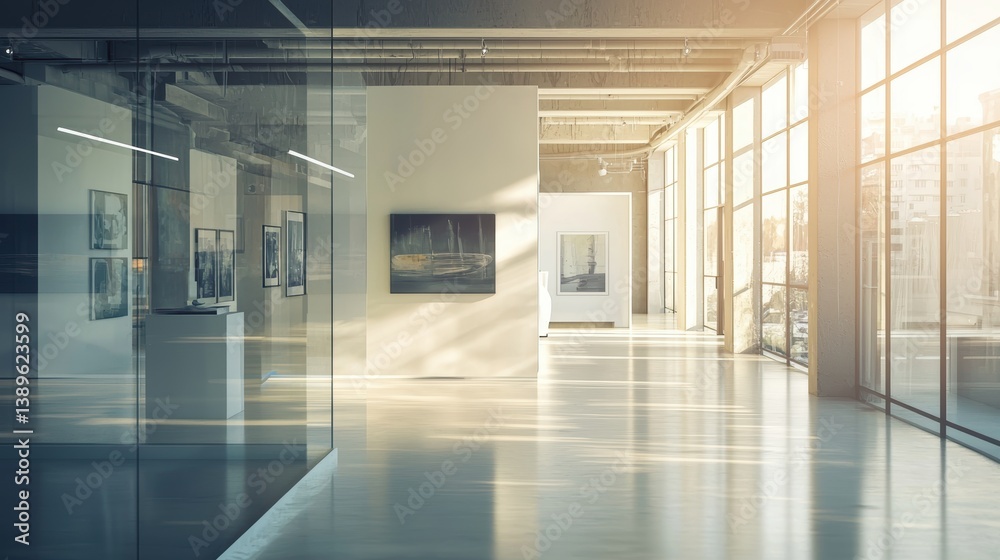 Obraz premium Bright Gallery Space with Modern Art Installations and Panoramic Windows with Sun Light Creating Refelctions