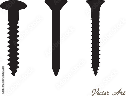 Black color various screws vector silhouette, various screws line art vector illustration set