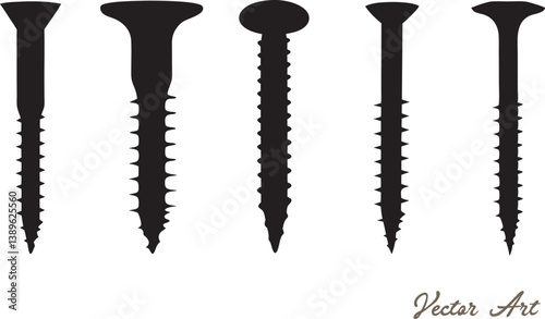 Black color various screws vector silhouette, various screws line art vector illustration set