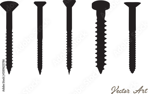 Black color various screws vector silhouette, various screws line art vector illustration set