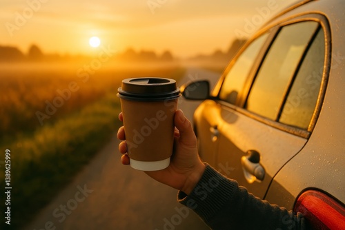 Enjoying a Warm Coffee During a Sunrise Drive Along the Countryside Road