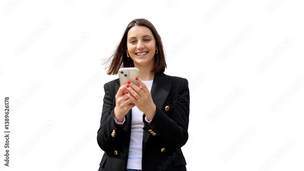 Happy businesswoman using her smartphone with transparent background Happy businesswoman using her smartphone with transparent background