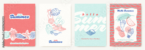 Summer beach vacation and travel cards or banner template. Modern design with hand drawn summertime things and items. Vector design for banner, cards, invitation, sale, ads.