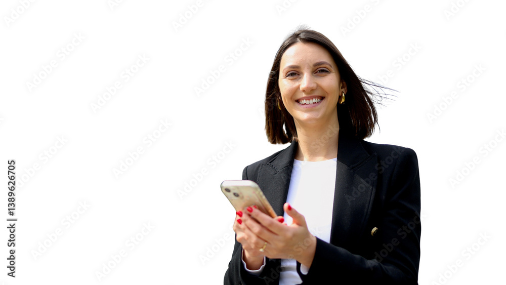 Smiling professional woman working on mobile phone against transparent backdrop Smiling professional woman working on mobile phone against transparent backdrop