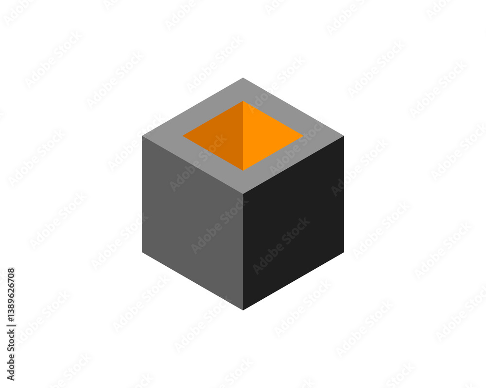 Abstract isometric cube with an orange inner square. Represents potential, hidden opportunity, or inner strength. Abstract isometric cube with an orange inner square. Represents potential, hidden opportunity, or inner strength.