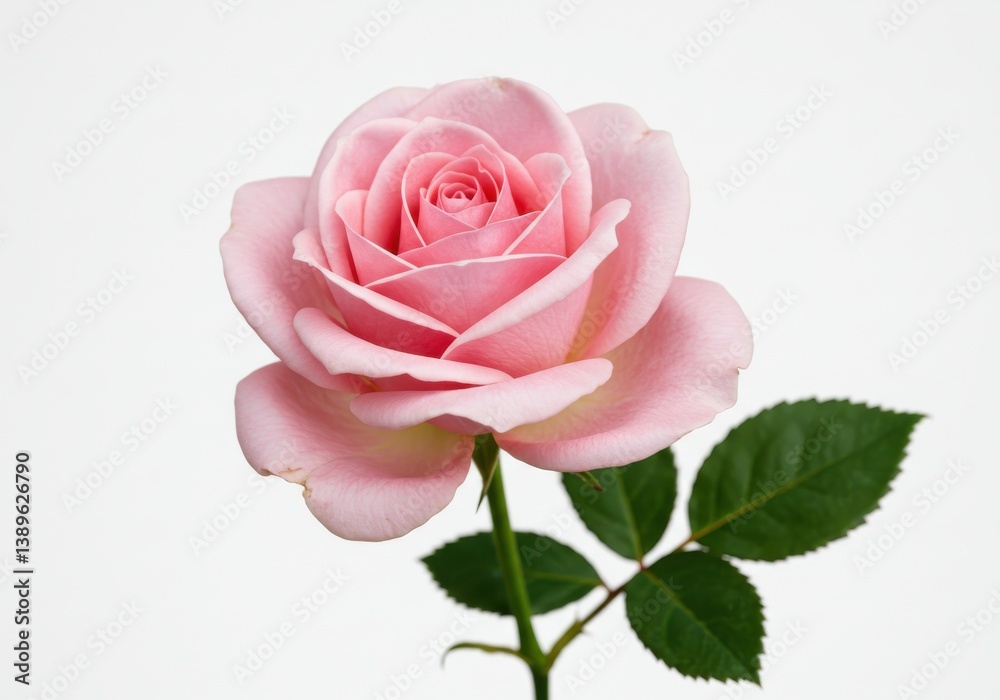 Delicate pink rose with soft petals and green leaves on white background in macro photography Delicate pink rose with soft petals and green leaves on white background in macro photography